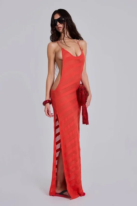 Robe longue en maille « Noir » couleur corail