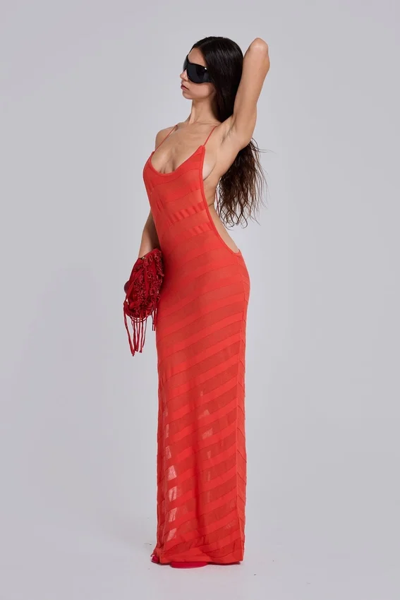 Robe longue en maille « Noir » couleur corail