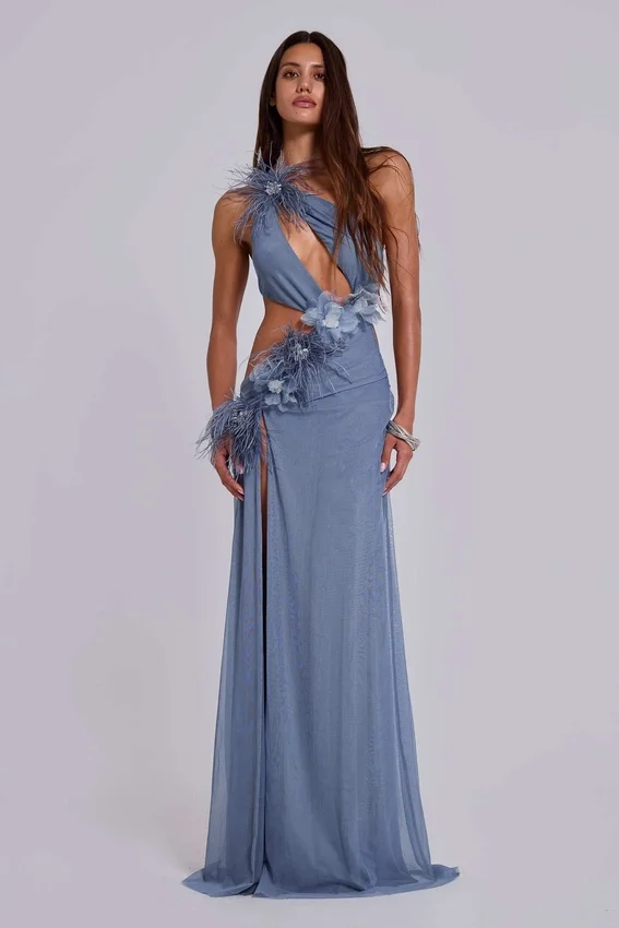Robe longue Noctelle à découpes et plumes