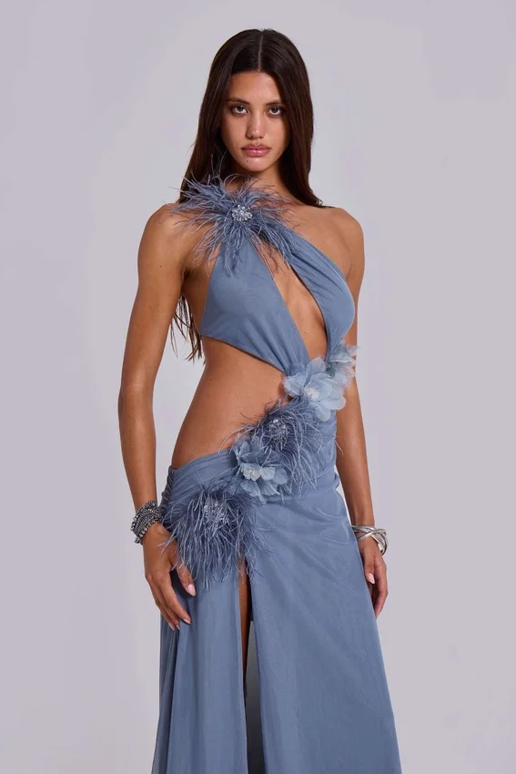Robe longue Noctelle à découpes et plumes