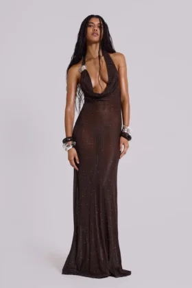 Robe longue plongeante en maille Moara