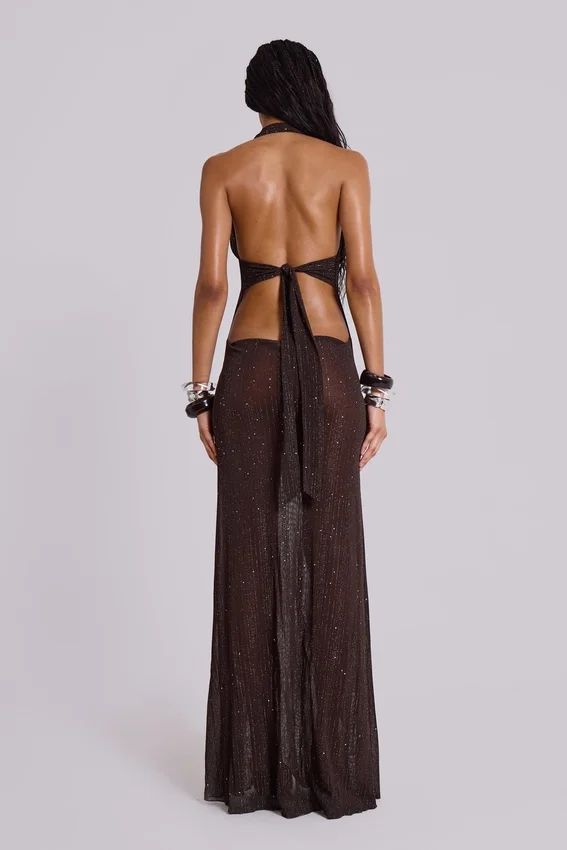 Robe longue plongeante en maille Moara