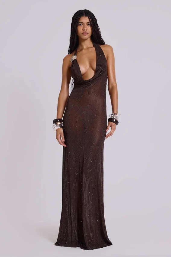 Robe longue plongeante en maille Moara