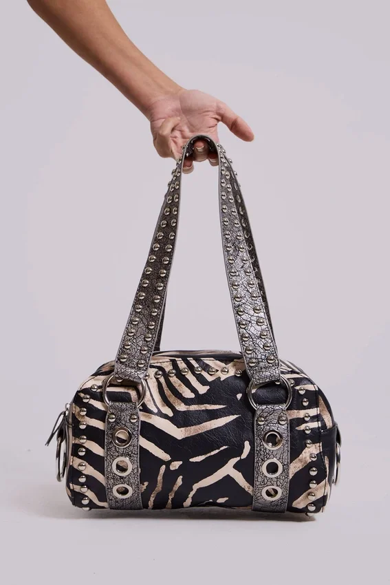Sac Marza en cuir PU clouté, imprimé zèbre