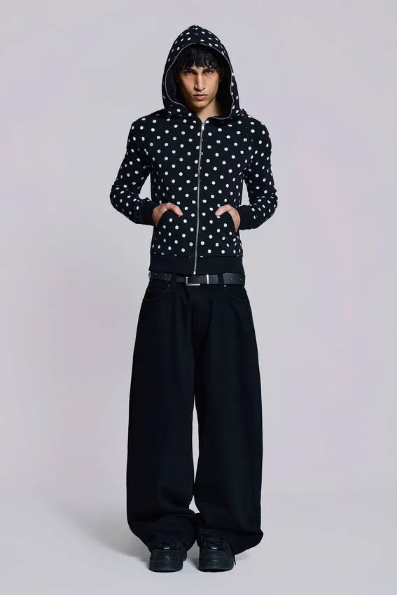 Sweat à capuche noir uni à pois