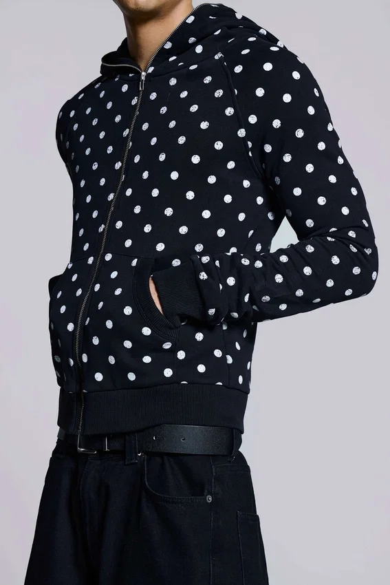 Sweat à capuche noir uni à pois
