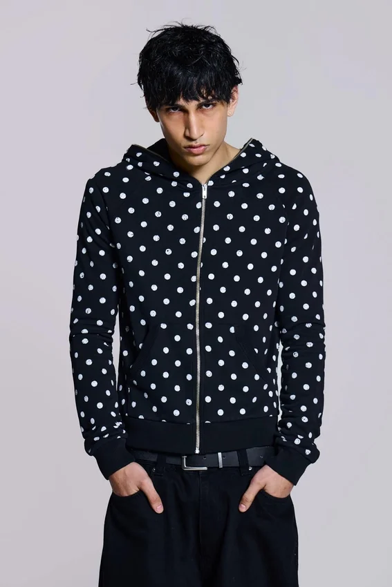 Sweat à capuche noir uni à pois