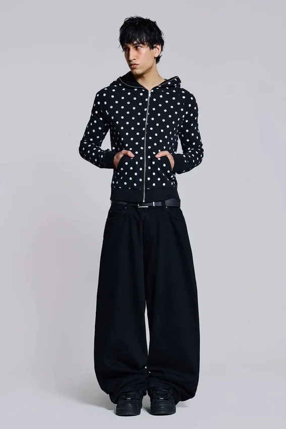 Sweat à capuche noir uni à pois