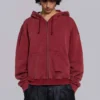 Sweat à capuche zippé doublé en tissu gaufré, délavé « Red Sun »