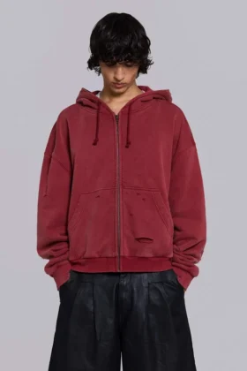 Sweat à capuche zippé doublé en tissu gaufré, délavé « Red Sun »