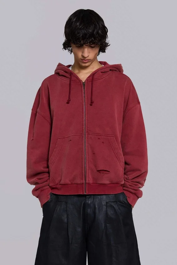 Sweat à capuche zippé doublé en tissu gaufré, délavé « Red Sun »