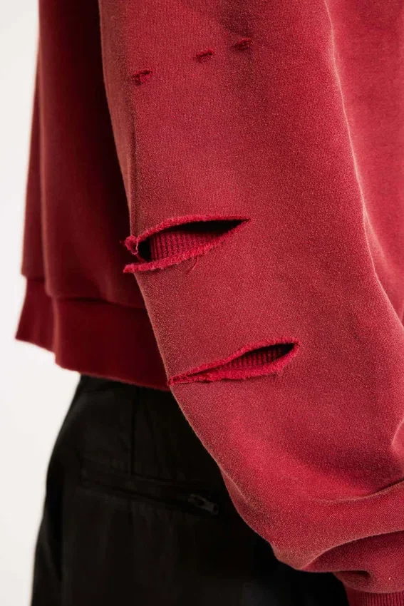 Sweat à capuche zippé doublé en tissu gaufré, délavé « Red Sun »