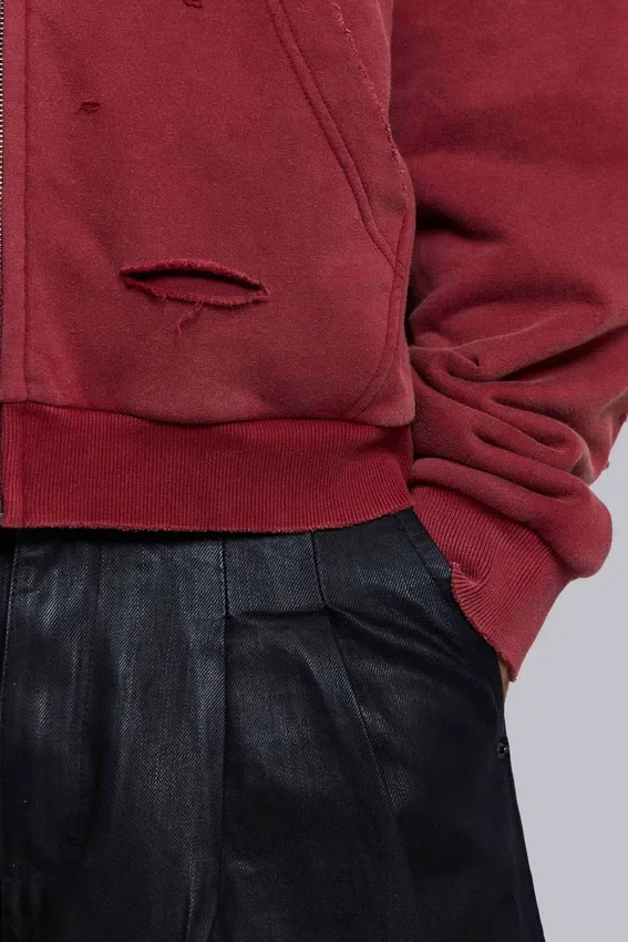 Sweat à capuche zippé doublé en tissu gaufré, délavé « Red Sun »