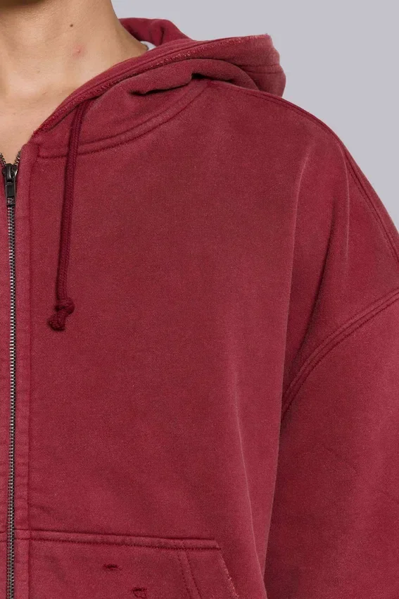Sweat à capuche zippé doublé en tissu gaufré, délavé « Red Sun »
