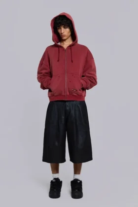 Sweat à capuche zippé doublé en tissu gaufré, délavé « Red Sun »