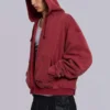Sweat à capuche zippé doublé en tissu gaufré, délavé « Red Sun »