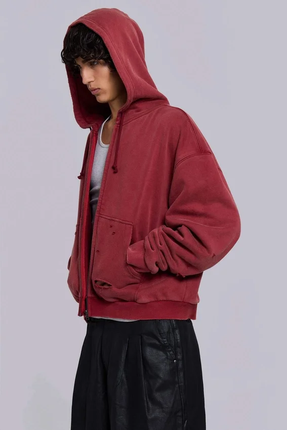 Sweat à capuche zippé doublé en tissu gaufré, délavé « Red Sun »
