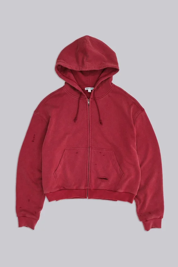 Sweat à capuche zippé doublé en tissu gaufré, délavé « Red Sun »