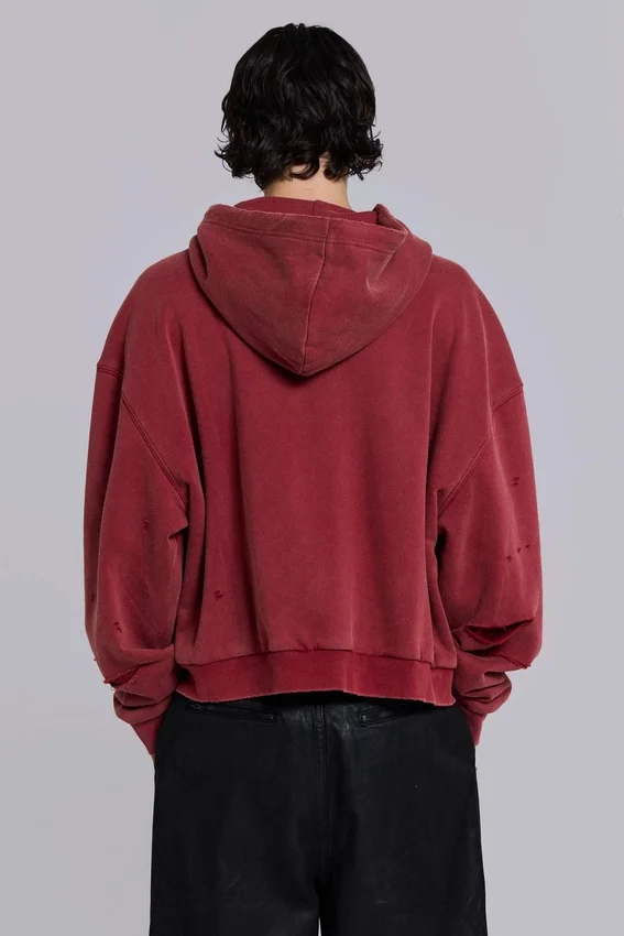 Sweat à capuche zippé doublé en tissu gaufré, délavé « Red Sun »