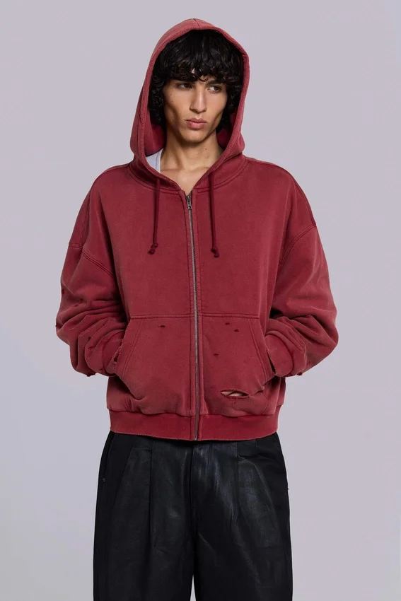 Sweat à capuche zippé doublé en tissu gaufré, délavé « Red Sun »