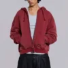 Sweat à capuche zippé doublé en tissu gaufré, délavé « Red Sun »