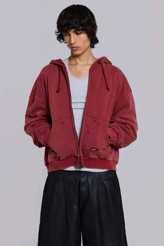 Sweat à capuche zippé doublé en tissu gaufré, délavé « Red Sun »
