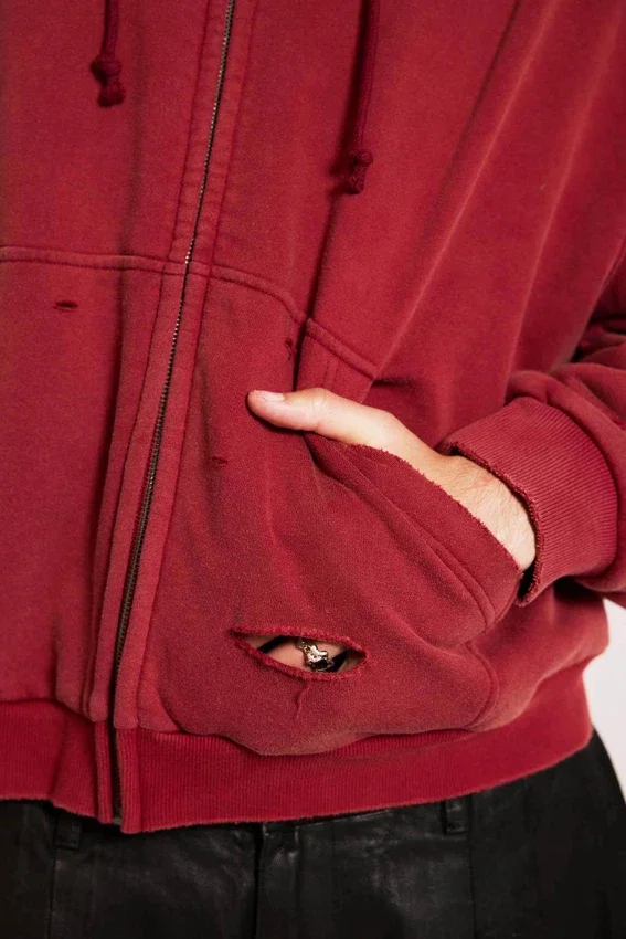 Sweat à capuche zippé doublé en tissu gaufré, délavé « Red Sun »