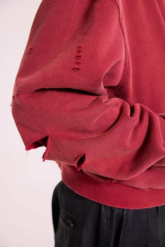 Sweat à capuche zippé doublé en tissu gaufré, délavé « Red Sun »