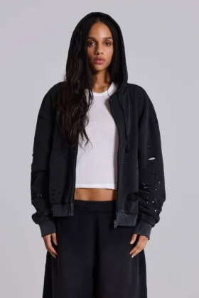 Sweat à capuche zippé noir délavé « Sun Faded » avec doublure en tissu gaufré