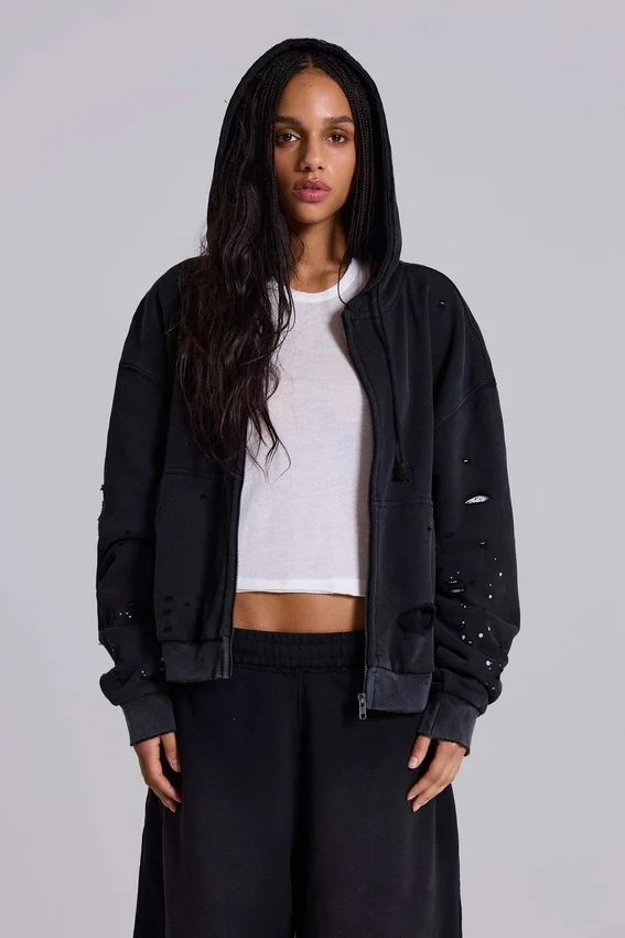 Sweat à capuche zippé noir délavé « Sun Faded » avec doublure en tissu gaufré
