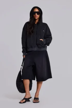 Sweat à capuche zippé noir délavé « Sun Faded » avec doublure en tissu gaufré
