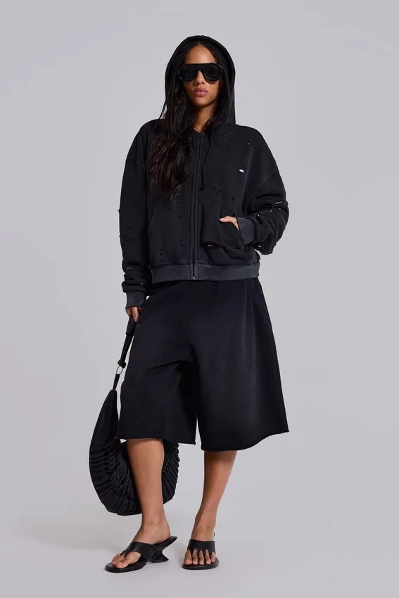 Sweat à capuche zippé noir délavé « Sun Faded » avec doublure en tissu gaufré