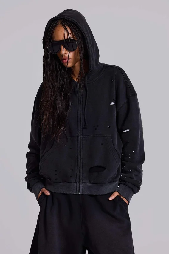 Sweat à capuche zippé noir délavé « Sun Faded » avec doublure en tissu gaufré