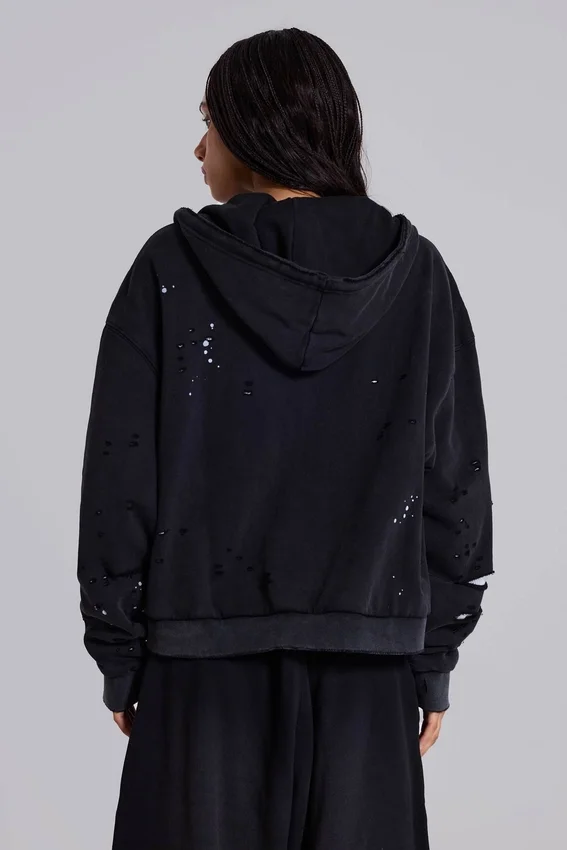 Sweat à capuche zippé noir délavé « Sun Faded » avec doublure en tissu gaufré