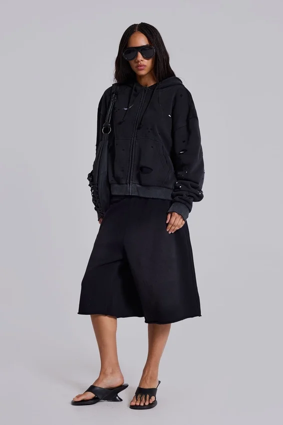 Sweat à capuche zippé noir délavé « Sun Faded » avec doublure en tissu gaufré