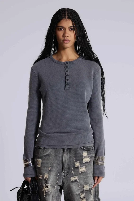 T-shirt Henley en tissu gaufré gris anthracite
