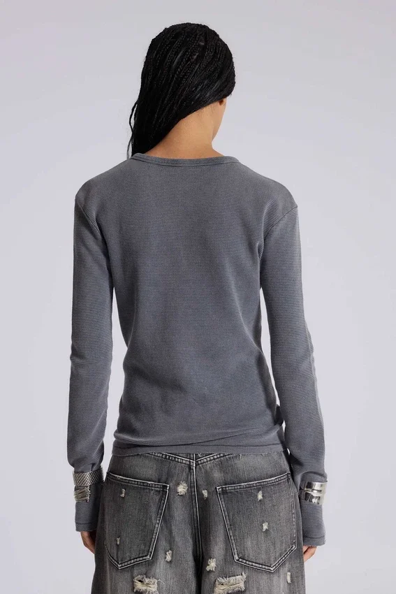T-shirt Henley en tissu gaufré gris anthracite