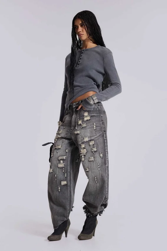 T-shirt Henley en tissu gaufré gris anthracite
