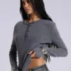 T-shirt Henley en tissu gaufré gris anthracite